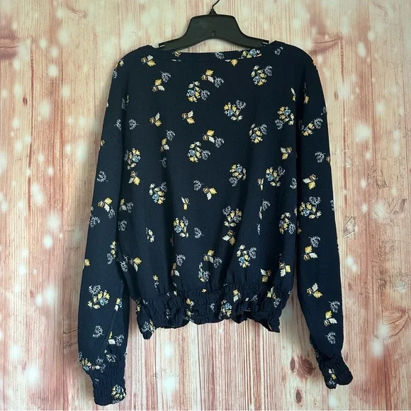 Loft Outlet Navy Blue Smocked Waistband Yellow Floral Print Blouse Size L - Picture 7 of 9